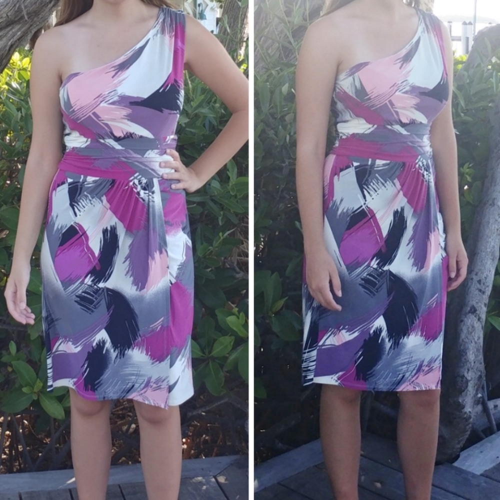 BCBG PARIS Size 6 One Shoulder Patterned Dress - Picture 1 of 5